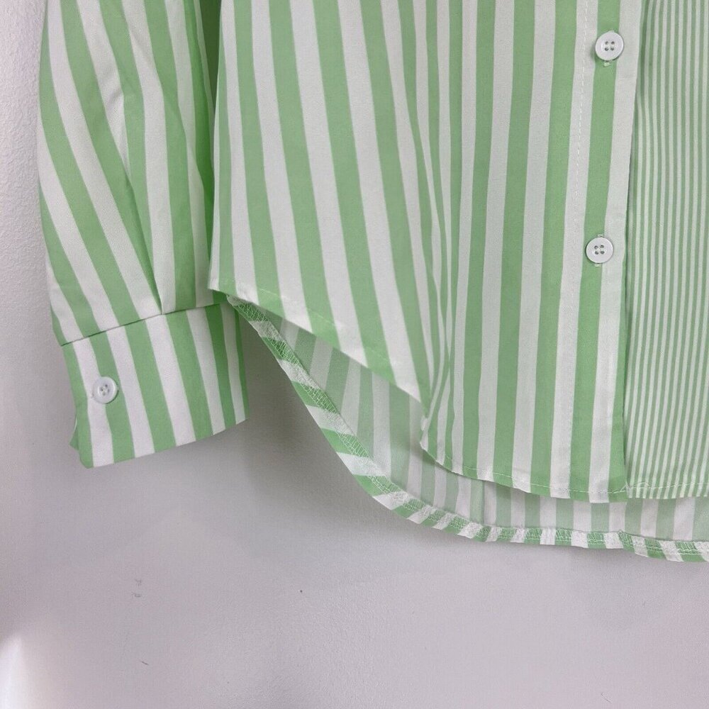 Light Green Striped Button-Front Blouse - Picture 4 of 16